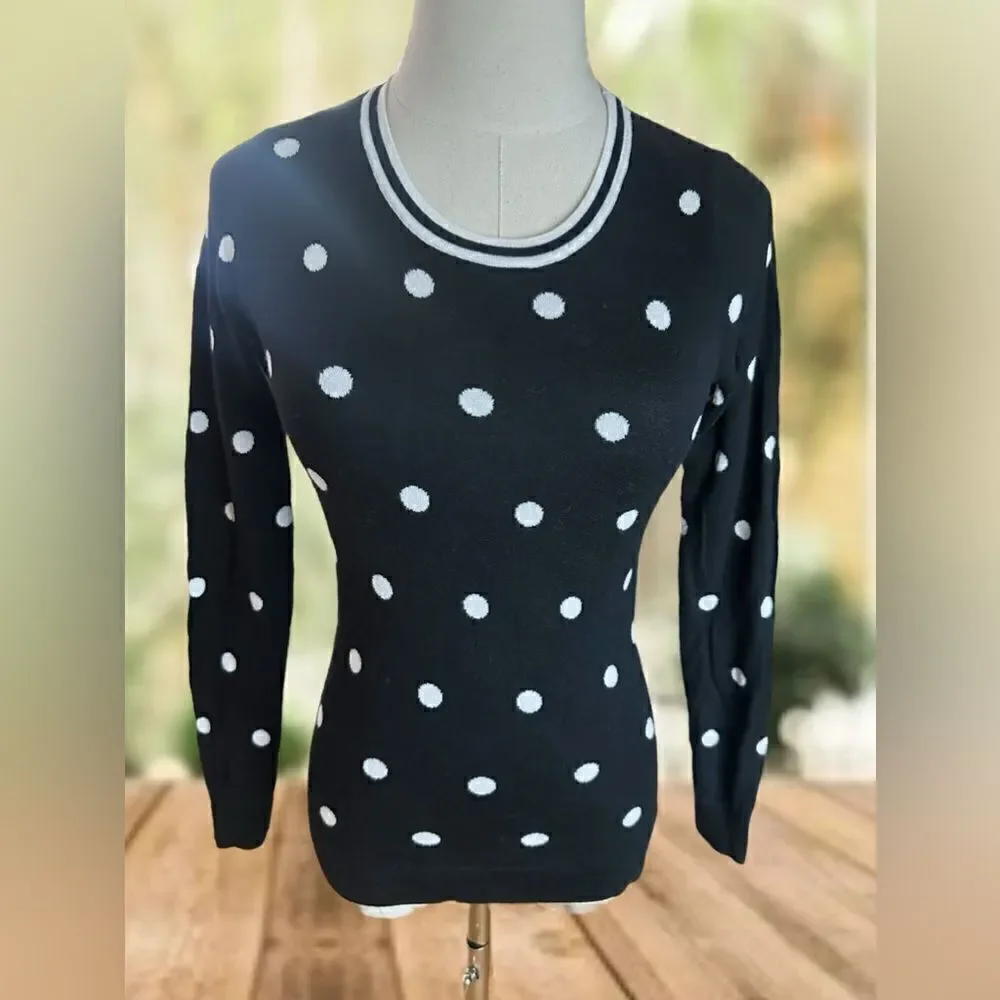 J. Crew Crewneck Pullover Sweater Jumper in Black Ivory Polka Dot Size S